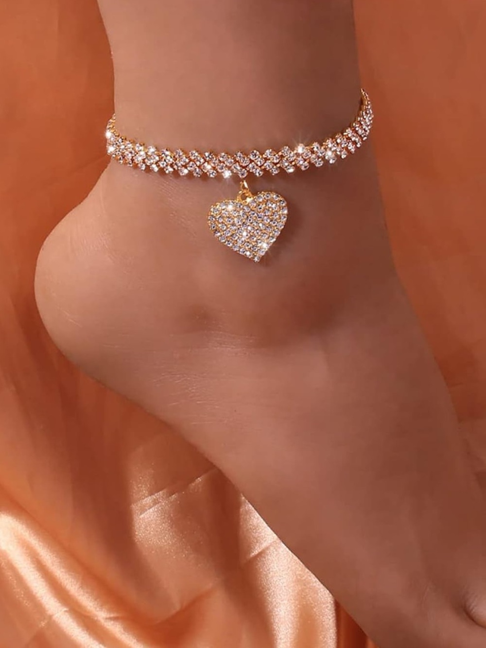 Anthropologie Gold Crystal Heart Charm Anklet